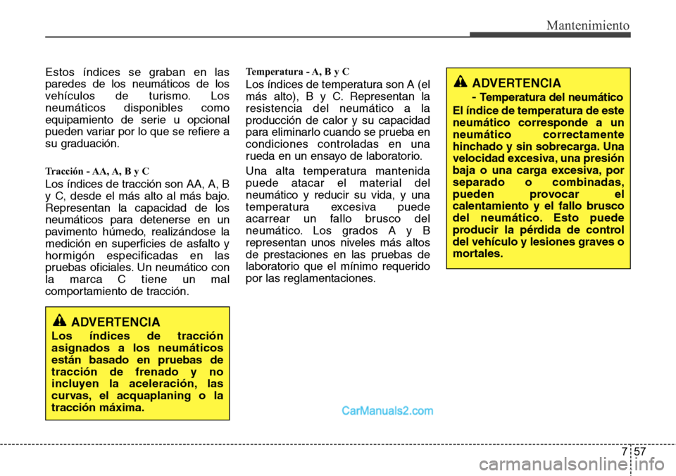 Hyundai H-1 (Grand Starex) 2015  Manual del propietario (in Spanish) 757
Mantenimiento
Estos índices se graban en las
paredes de los neumáticos de los
vehículos de turismo. Los
neumáticos disponibles como
equipamiento de serie u opcional
pueden variar por lo que se