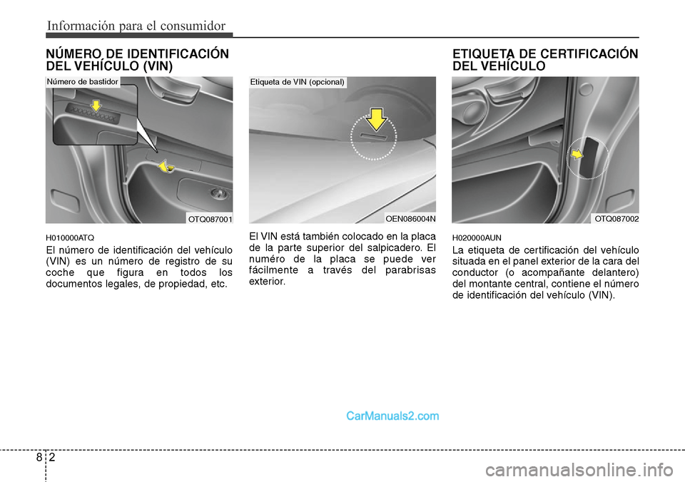 Hyundai H-1 (Grand Starex) 2015  Manual del propietario (in Spanish) Información para el consumidor
2 8
NÚMERO DE IDENTIFICACIÓN
DEL VEHÍCULO  (VIN)
H010000ATQ
El número de identificación del vehículo
(VIN) es un número de registro de su
coche que figura en tod