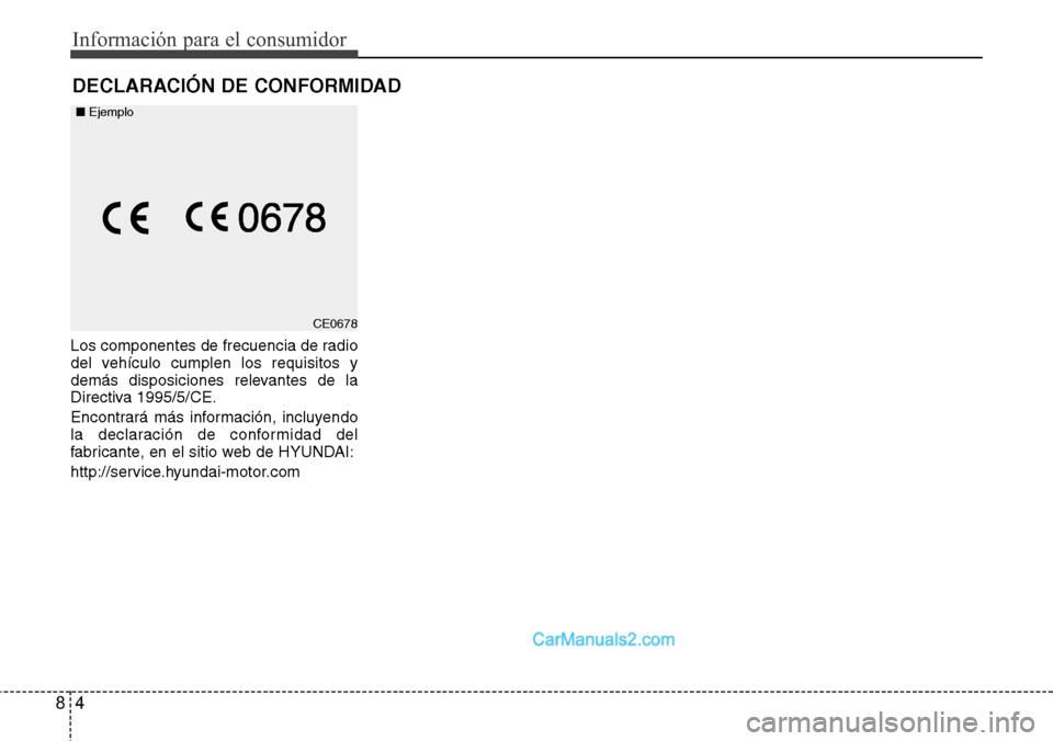 Hyundai H-1 (Grand Starex) 2015  Manual del propietario (in Spanish) Información para el consumidor
4 8
Los componentes de frecuencia de radio
del vehículo cumplen los requisitos y
demás disposiciones relevantes de la
Directiva 1995/5/CE.
Encontrará más informaci