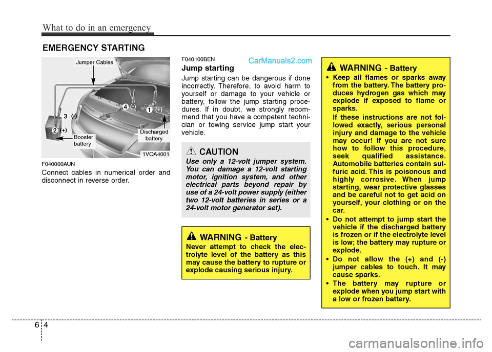 Hyundai H-1 (Grand Starex) 2014  Owners Manual What to do in an emergency
4 6
EMERGENCY STARTING
F040000AUN
Connect cables in numerical order and
disconnect in reverse order.
F040100BEN
Jump starting  
Jump starting can be dangerous if done
incorr