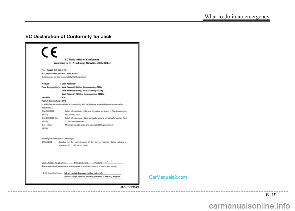 Hyundai H-1 (Grand Starex) 2014  Owners Manual 619
What to do in an emergency
EC Declaration of Conformity for Jack 
JACKDOC14S  
