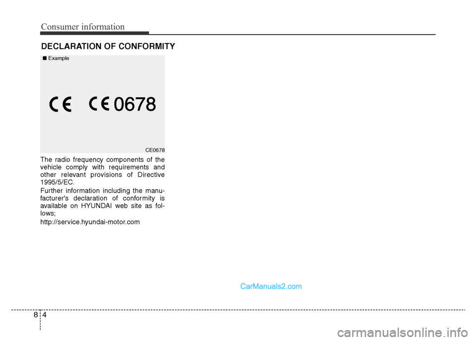 Hyundai H-1 (Grand Starex) 2014  Owners Manual Consumer information
4 8
The radio frequency components of the
vehicle comply with requirements and
other relevant provisions of Directive
1995/5/EC.
Further information including the manu-
facturers