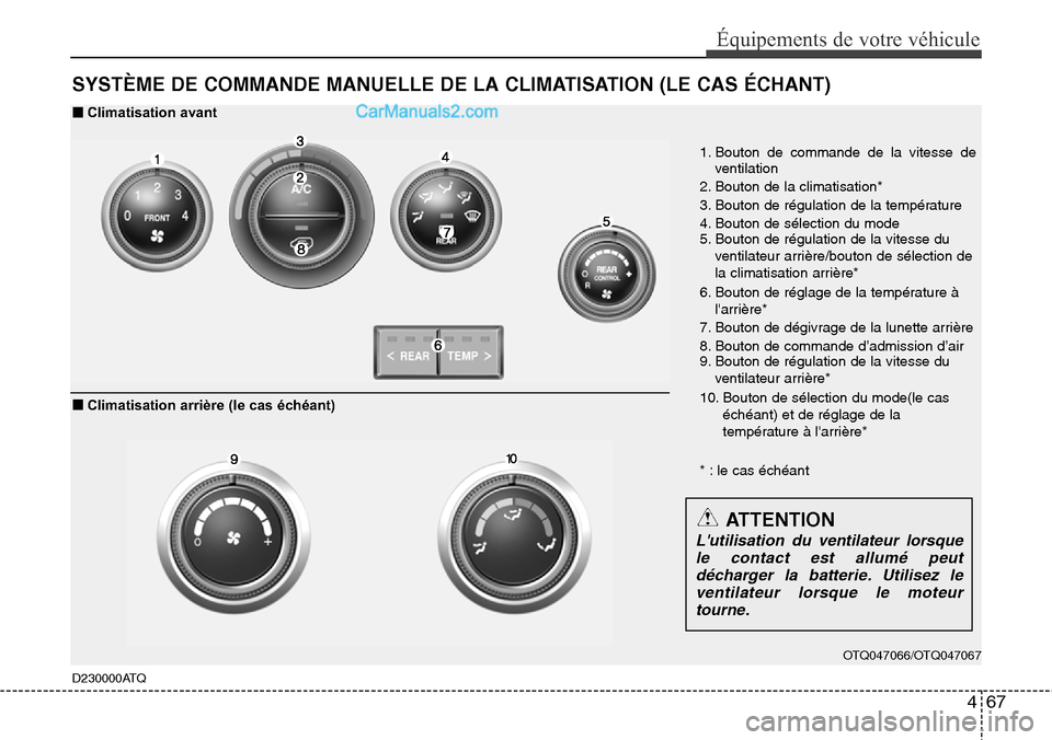 Hyundai H-1 (Grand Starex) 2013  Manuel du propriétaire (in French) 467
Équipements de votre véhicule
SYSTÈME DE COMMANDE MANUELLE DE LA CLIMATISATION (LE CAS ÉCHANT)
D230000ATQ
OTQ047066/OTQ047067
1. Bouton de commande de la vitesse de
ventilation
2. Bouton de la