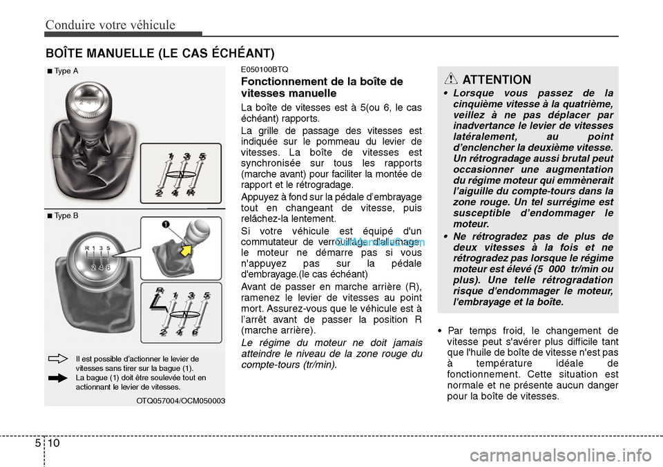 Hyundai H-1 (Grand Starex) 2013  Manuel du propriétaire (in French) Conduire votre véhicule
10 5
E050100BTQ
Fonctionnement de la boîte de
vitesses manuelle
La boîte de vitesses est à 5(ou 6, le cas
échéant) rapports.
La grille de passage des vitesses est
indiqu