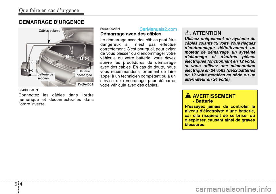 Hyundai H-1 (Grand Starex) 2013  Manuel du propriétaire (in French) Que faire en cas d’urgence
4 6
DEMARRAGE D’URGENCE
F040000AUN
Connectez les câbles dans l’ordre
numérique et déconnectez-les dans
l’ordre inverse.
F040100AEN
Démarrage avec des câbles
Le 
