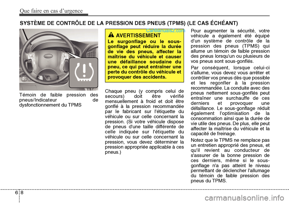 Hyundai H-1 (Grand Starex) 2013  Manuel du propriétaire (in French) Que faire en cas d’urgence
8 6
SYSTÈME DE CONTRÔLE DE LA PRESSION DES PNEUS (TPMS) (LE CAS ÉCHÉANT)
Témoin de faible pression des
pneus/Indicateur de
dysfonctionnement du TPMSChaque pneu (y com