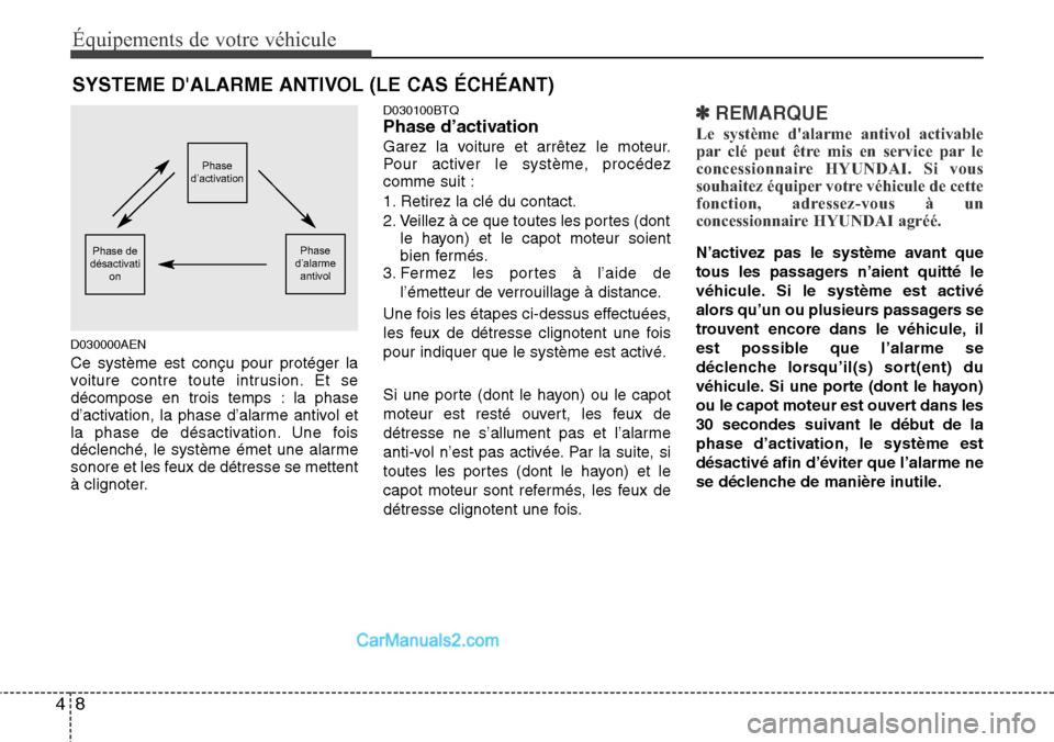 Hyundai H-1 (Grand Starex) 2013  Manuel du propriétaire (in French) Équipements de votre véhicule
8 4
D030000AEN
Ce système est conçu pour protéger la
voiture contre toute intrusion. Et se
décompose en trois temps : la phase
d’activation, la phase d’alarme a