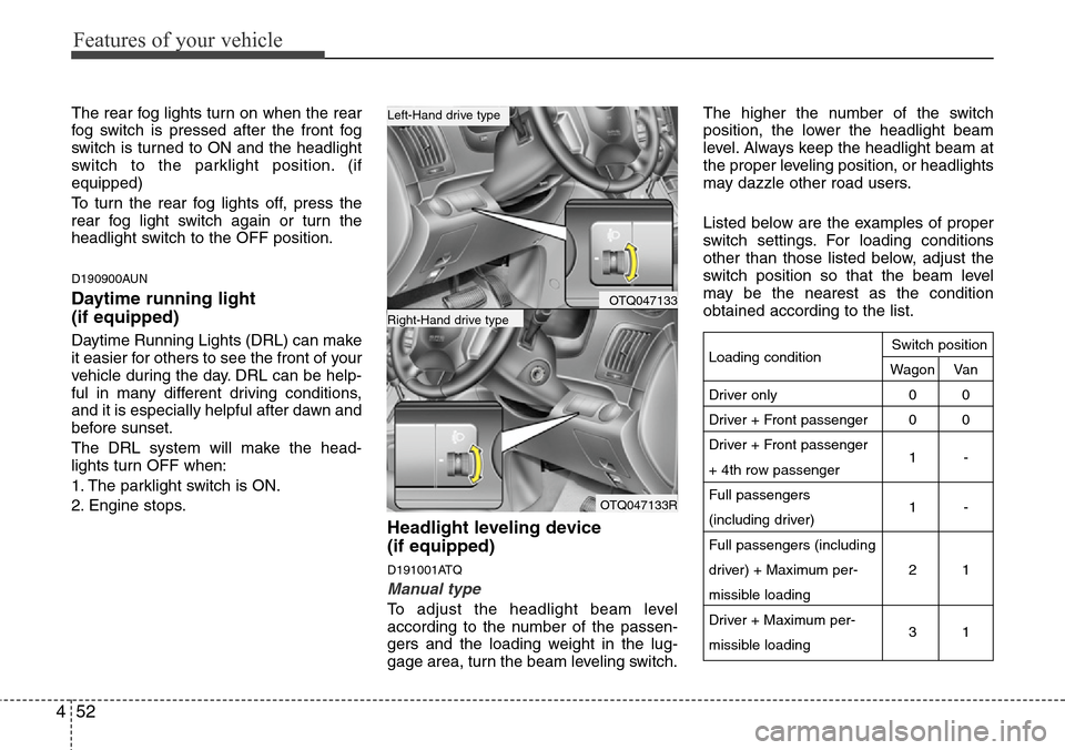 Hyundai H-1 (Grand Starex) 2011 Owners Manual Features of your vehicle
52 4
The rear fog lights turn on when the rear
fog switch is pressed after the front fog
switch is turned to ON and the headlight
switch to the parklight position. (if
equippe Hyundai H-1 (Grand Starex) 2011 Owners Manual Features of your vehicle
52 4
The rear fog lights turn on when the rear
fog switch is pressed after the front fog
switch is turned to ON and the headlight
switch to the parklight position. (if
equippe