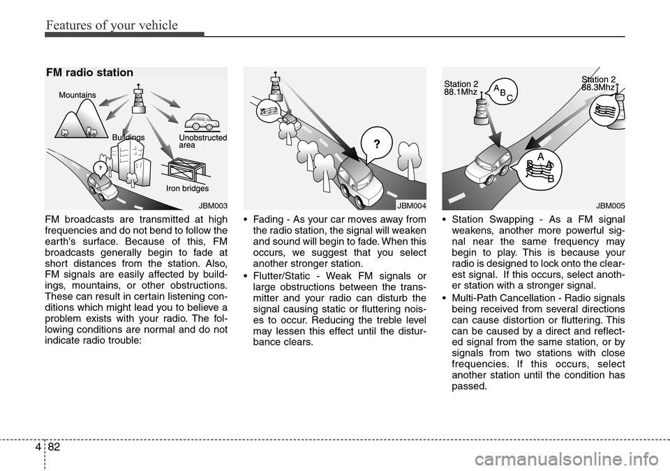 Hyundai H-1 (Grand Starex) 2011 Owners Manual Features of your vehicle
82 4
FM broadcasts are transmitted at high
frequencies and do not bend to follow the
earths surface. Because of this, FM
broadcasts generally begin to fade at
short distances Hyundai H-1 (Grand Starex) 2011 Owners Manual Features of your vehicle
82 4
FM broadcasts are transmitted at high
frequencies and do not bend to follow the
earths surface. Because of this, FM
broadcasts generally begin to fade at
short distances
