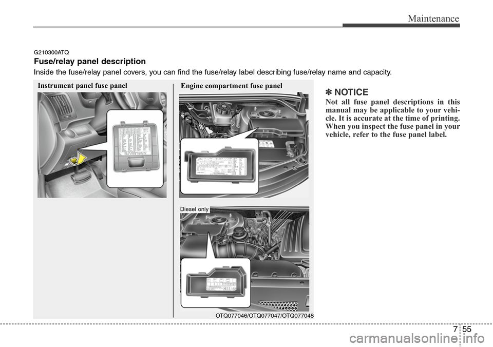 Hyundai H-1 (Grand Starex) 2011  Owners Manual 755
Maintenance
✽NOTICE
Not all fuse panel descriptions in this
manual may be applicable to your vehi-
cle. It is accurate at the time of printing.
When you inspect the fuse panel in your
vehicle, r