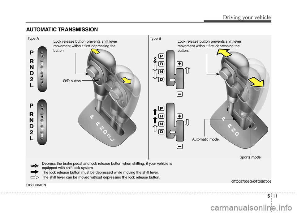 Hyundai H-1 (Grand Starex) 2011  Owners Manual - RHD (UK, Australia) 511
Driving your vehicle
E060000AENAUTOMATIC TRANSMISSION
The shift lever can be moved without depressing the lock release button.
O/D button
Type A
Lock release button prevents shift lever 
movement 