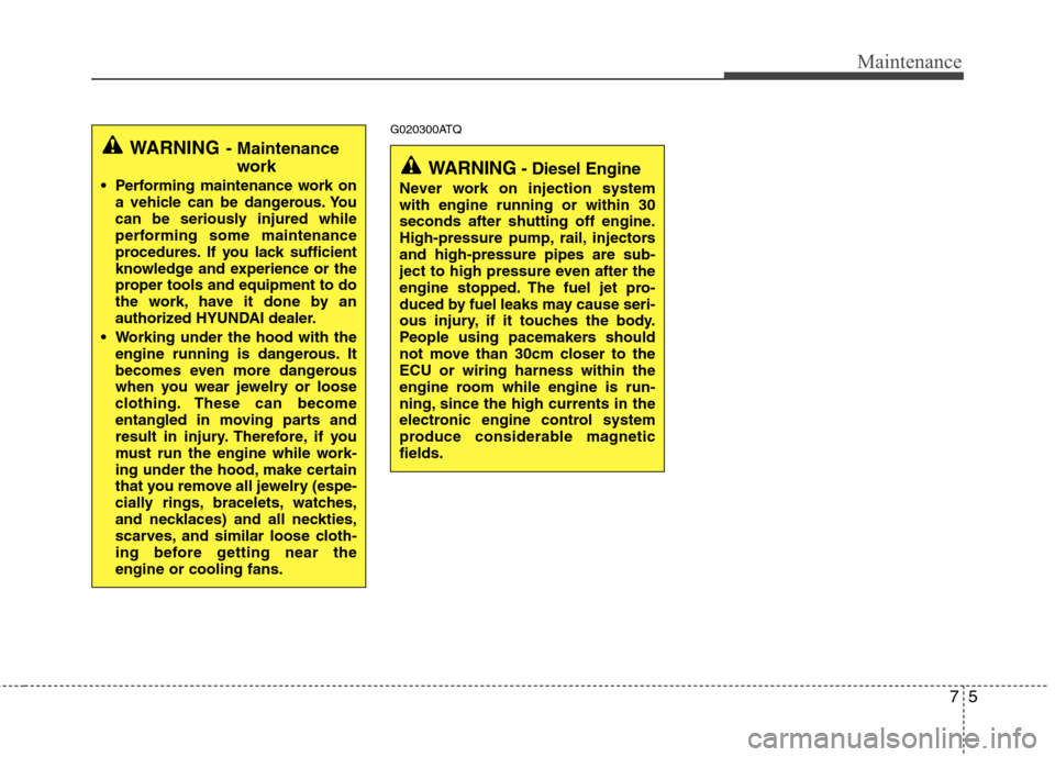 Hyundai H-1 (Grand Starex) 2011  Owners Manual - RHD (UK, Australia) 75
Maintenance
G020300ATQ
WARNING- Maintenance
work
 Performing maintenance work on a vehicle can be dangerous. You 
can be seriously injured while
performing some maintenance
procedures. If you lack 