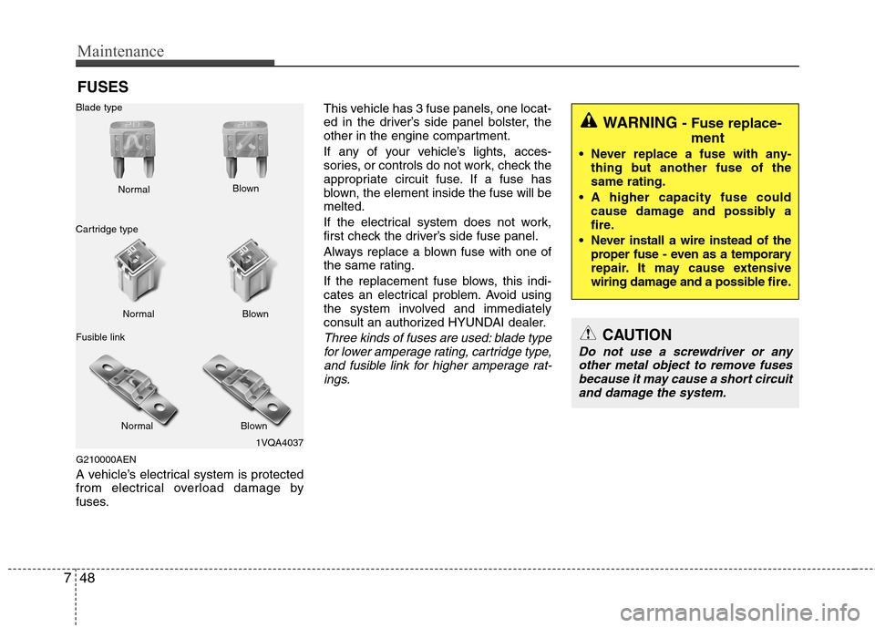 Hyundai H-1 (Grand Starex) 2011  Owners Manual - RHD (UK, Australia) Maintenance
48
7
FUSES
G210000AEN 
A vehicle’s electrical system is protected 
from electrical overload damage by
fuses. This vehicle has 3 fuse panels, one locat-
ed in the driver’s side panel bo