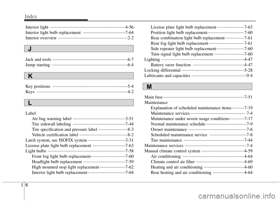 Hyundai H-1 (Grand Starex) 2011  Owners Manual - RHD (UK, Australia) Index
6
I
Interior light  ···································································4-56 
Interior light bulb replacement  �