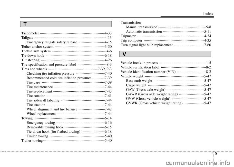 Hyundai H-1 (Grand Starex) 2011  Owners Manual - RHD (UK, Australia) I9
Index
Tachometer ·····································································4-33 
Tailgate ·············