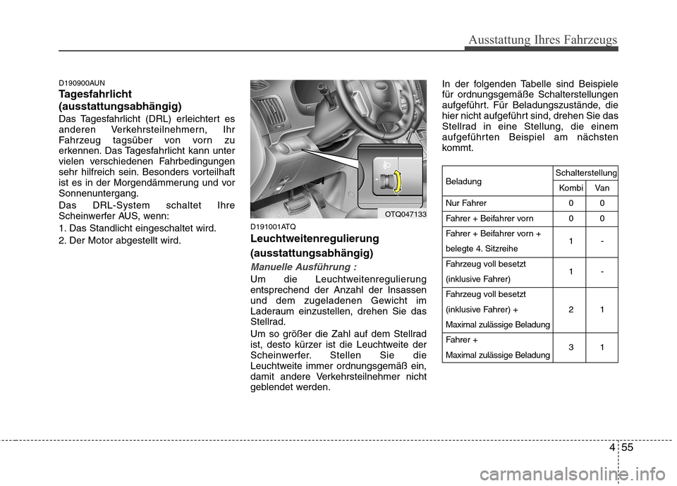 Hyundai H-1 (Grand Starex) 2011 Betriebsanleitung (in German) 455
Ausstattung Ihres Fahrzeugs
D190900AUN
Tagesfahrlicht(ausstattungsabhängig)
Das Tagesfahrlicht (DRL) erleichtert es
anderen Verkehrsteilnehmern, Ihr
Fahrzeug tagsüber von vorn zu
erkennen. Das Hyundai H-1 (Grand Starex) 2011 Betriebsanleitung (in German) 455
Ausstattung Ihres Fahrzeugs
D190900AUN
Tagesfahrlicht(ausstattungsabhängig)
Das Tagesfahrlicht (DRL) erleichtert es
anderen Verkehrsteilnehmern, Ihr
Fahrzeug tagsüber von vorn zu
erkennen. Das
