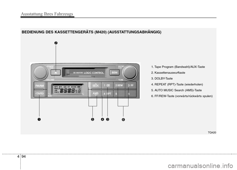 Hyundai H-1 (Grand Starex) 2011  Betriebsanleitung (in German) Ausstattung Ihres Fahrzeugs
94
4
1. Tape Program (Bandwahl)/AUX-Taste 
2. Kassettenauswurftaste
3. DOLBY-Taste
4. REPEAT (RPT)-Taste (wiederholen)
5. AUTO MUSIC Search (AMS)-Taste
6. FF/REW-Taste (vor