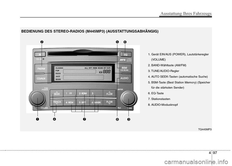 Hyundai H-1 (Grand Starex) 2011  Betriebsanleitung (in German) 497
Ausstattung Ihres Fahrzeugs
1. Gerät EIN/AUS (POWER), Lautstärkeregler(VOLUME)
2. BAND-Wähltaste (AM/FM) 
3. TUNE/AUDIO-Regler
4. AUTO SEEK-Tasten (automatische Suche)
5. BSM-Taste (Best Statio