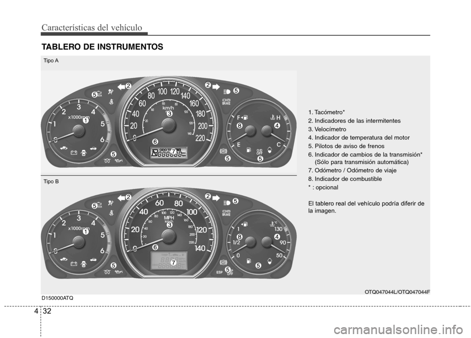 Hyundai H-1 (Grand Starex) 2011  Manual del propietario (in Spanish) Características del vehículo
32
4
TABLERO DE INSTRUMENTOS
1. Tacómetro* 
2. Indicadores de las intermitentes
3. Velocímetro
4. Indicador de temperatura del motor
5. Pilotos de aviso de frenos
6. I