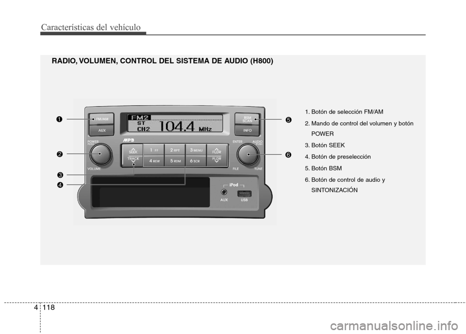 Hyundai H-1 (Grand Starex) 2011  Manual del propietario (in Spanish) Características del vehículo
118
4
RADIO, VOLUMEN, CONTROL DEL SISTEMA DE AUDIO (H800)
1. Botón de selección FM/AM 
2. Mando de control del volumen y botónPOWER
3. Botón SEEK
4. Botón de presel