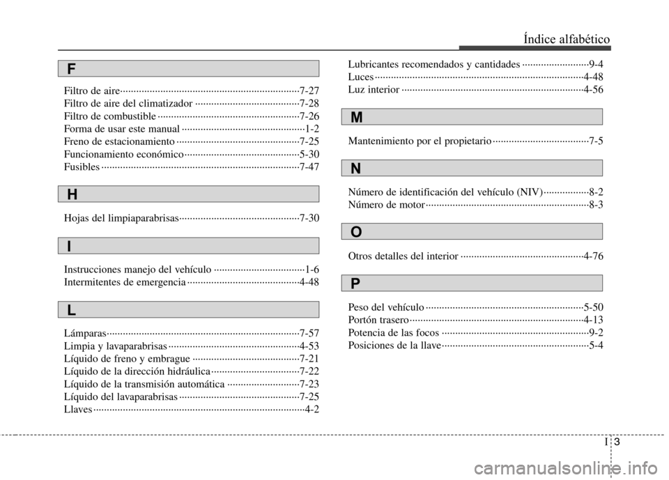 Hyundai H-1 (Grand Starex) 2011 Manual del propietario (in Spanish) I3
Índice alfabético
Filtro de aire···································································7-27
Filtro de aire del clim Hyundai H-1 (Grand Starex) 2011 Manual del propietario (in Spanish) I3
Índice alfabético
Filtro de aire···································································7-27
Filtro de aire del clim
