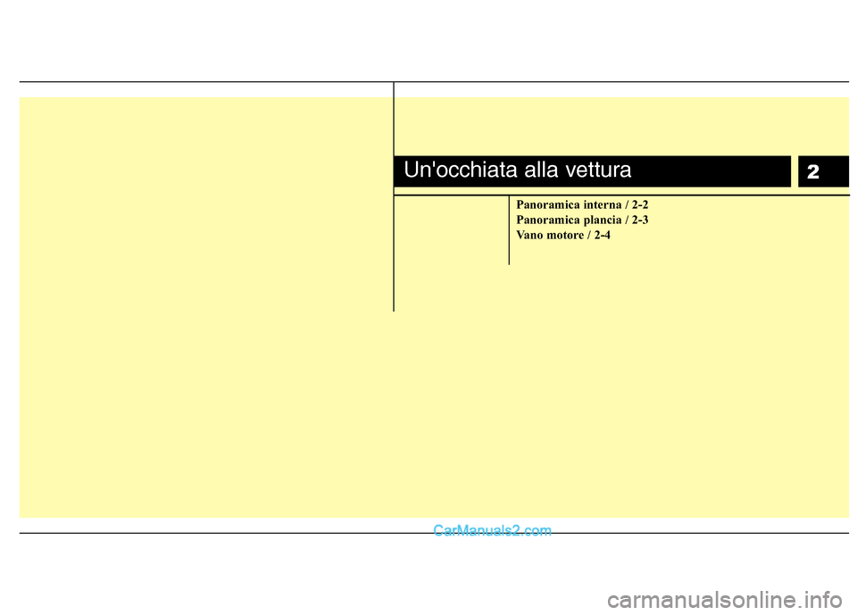 Hyundai H-1 (Grand Starex) 2011  Manuale del proprietario (in Italian) 2
Panoramica interna / 2-2 
Panoramica plancia / 2-3
Vano motore / 2-4
Unocchiata alla vettura  