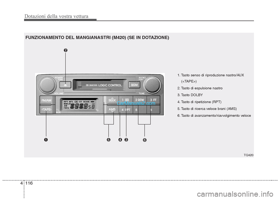 Hyundai H-1 (Grand Starex) 2011  Manuale del proprietario (in Italian) Dotazioni della vostra vettura
116
4
1. Tasto senso di riproduzione nastro/AUX
(<TAPE>)
2. Tasto di espulsione nastro 
3. Tasto DOLBY
4. Tasto di ripetizione (RPT)
5. Tasto di ricerca veloce brani (AM