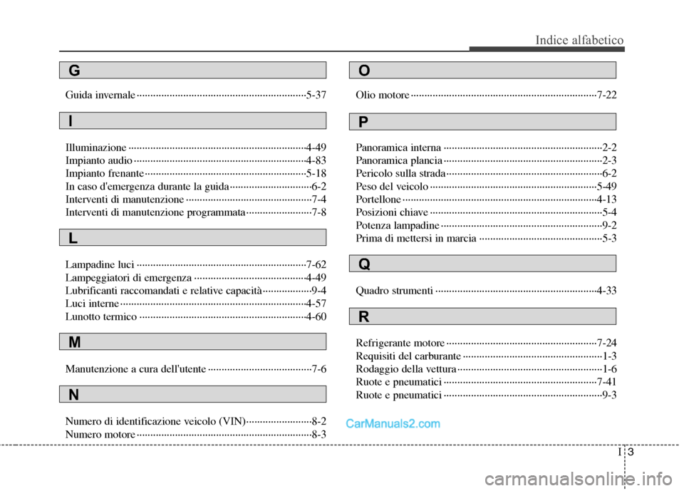 Hyundai H-1 (Grand Starex) 2011  Manuale del proprietario (in Italian) I3
Indice alfabetico
Guida invernale ······························································5-37 
Illuminazione ·········