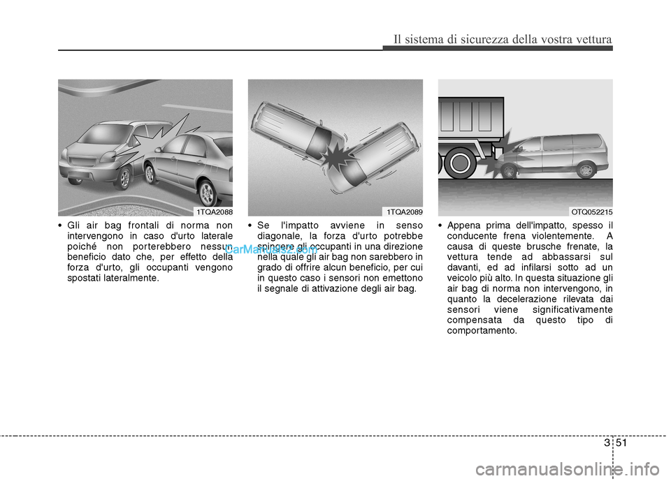 Hyundai H-1 (Grand Starex) 2011  Manuale del proprietario (in Italian) 351
Il sistema di sicurezza della vostra vettura
 Gli air bag frontali di norma nonintervengono in caso durto laterale 
poiché non porterebbero nessun
beneficio dato che, per effetto della
forza du