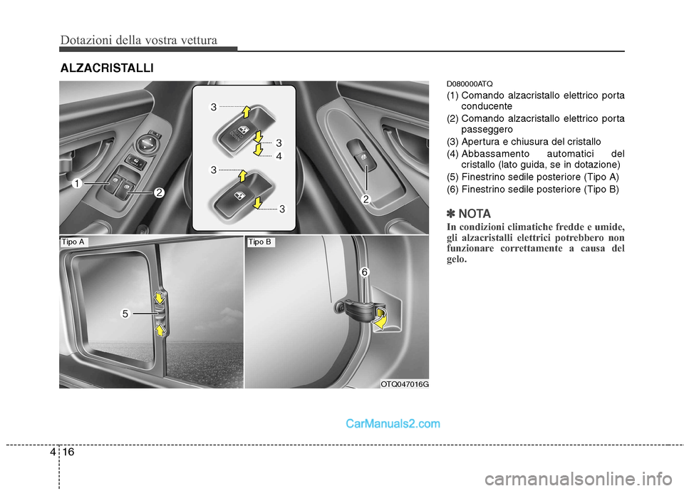 Hyundai H-1 (Grand Starex) 2011  Manuale del proprietario (in Italian) Dotazioni della vostra vettura
16
4
D080000ATQ 
(1) Comando alzacristallo elettrico porta
conducente
(2) Comando alzacristallo elettrico porta passeggero
(3) Apertura e chiusura del cristallo
(4) Ab b