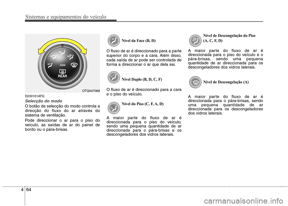 Hyundai H-1 (Grand Starex) 2011  Manual do proprietário (in Portuguese) Sistemas e equipamentos do veículo
64
4
D230101ATQ
Selecção do modo
O botão de selecção do modo controla a 
direcção do fluxo do ar através do
sistema de ventilação. 
Pode direccionar o ar 