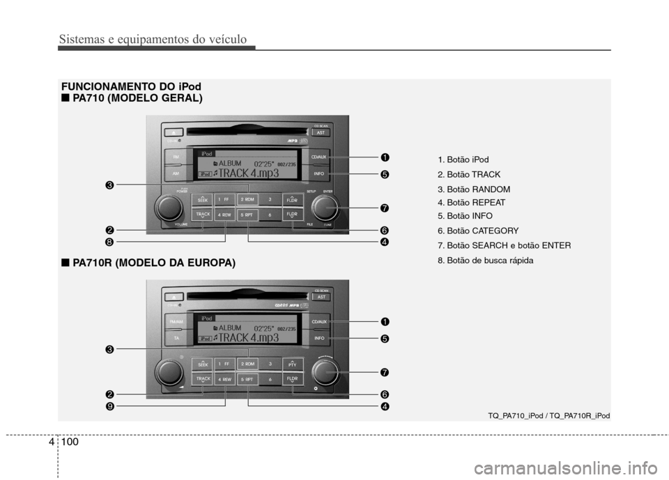Hyundai H-1 (Grand Starex) 2011  Manual do proprietário (in Portuguese) Sistemas e equipamentos do veículo
100
4
FUNCIONAMENTO DO iPod
■
■ PA710 (MODELO GERAL)
■■PA710R (MODELO DA EUROPA)
1. Botão iPod  
2. Botão TRACK
3. Botão RANDOM 
4. Botão REPEAT
5. Bot