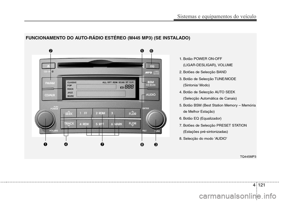 Hyundai H-1 (Grand Starex) 2011  Manual do proprietário (in Portuguese) 4121
Sistemas e equipamentos do veículo
1. Botão POWER ON-OFF (LIGAR-DESLIGAR), VOLUME
2. Botões de Selecção BAND 
3. Botão de Selecção TUNE/MODE  (Sintonia/ Modo)
4. Botão de Selecção AUTO
