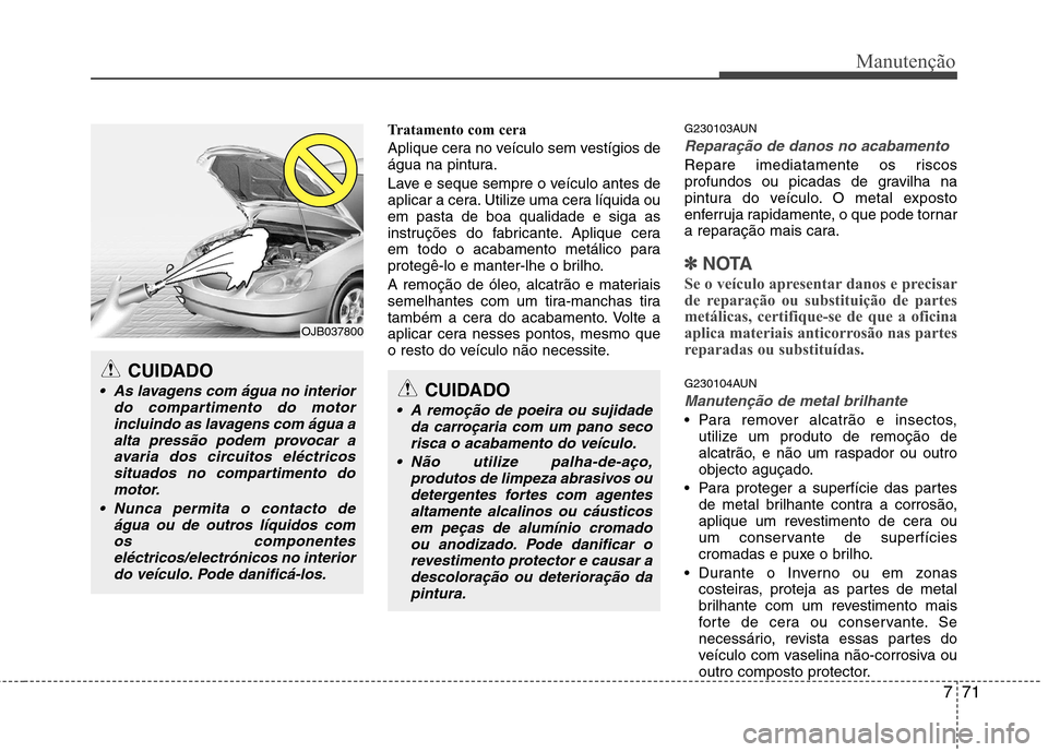 Hyundai H-1 (Grand Starex) 2011  Manual do proprietário (in Portuguese) 771
Manutenção
Tratamento com cera 
Aplique cera no veículo sem vestígios de 
água na pintura. 
Lave e seque sempre o veículo antes de 
aplicar a cera. Utilize uma cera líquida ouem pasta de bo