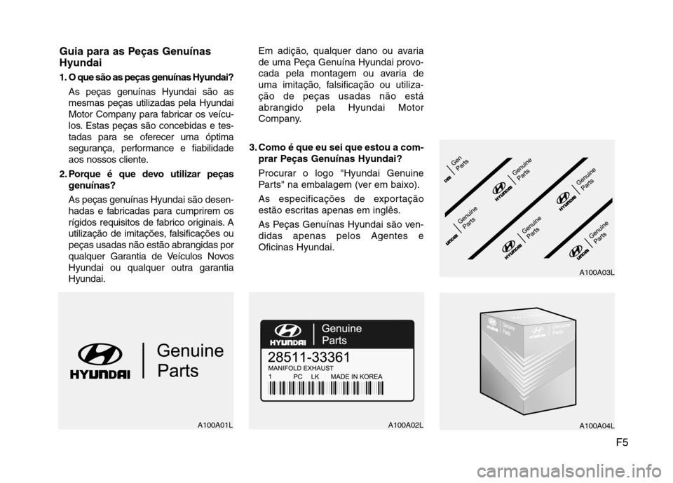 Hyundai H-1 (Grand Starex) 2011 Manual do proprietário (in Portuguese) F5
Guia para as Peças Genuínas Hyundai
1. O que são as peças genuínas Hyundai?
As peças genuínas Hyundai são as mesmas peças utilizadas pela Hyundai
Motor Company para fabricar os veícu-
lo Hyundai H-1 (Grand Starex) 2011 Manual do proprietário (in Portuguese) F5
Guia para as Peças Genuínas Hyundai
1. O que são as peças genuínas Hyundai?
As peças genuínas Hyundai são as mesmas peças utilizadas pela Hyundai
Motor Company para fabricar os veícu-
lo