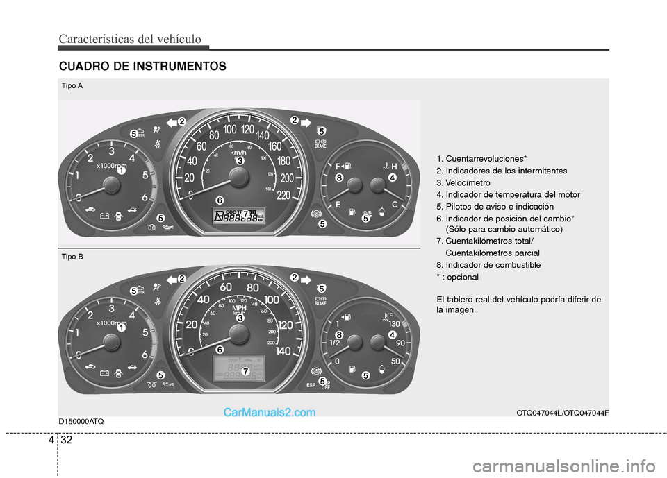 Hyundai H-1 (Grand Starex) 2010  Manual del propietario (in Spanish) Características del vehículo
32
4
CUADRO DE INSTRUMENTOS
1. Cuentarrevoluciones* 
2. Indicadores de los intermitentes
3. Velocímetro
4. Indicador de temperatura del motor
5. Pilotos de aviso e indi