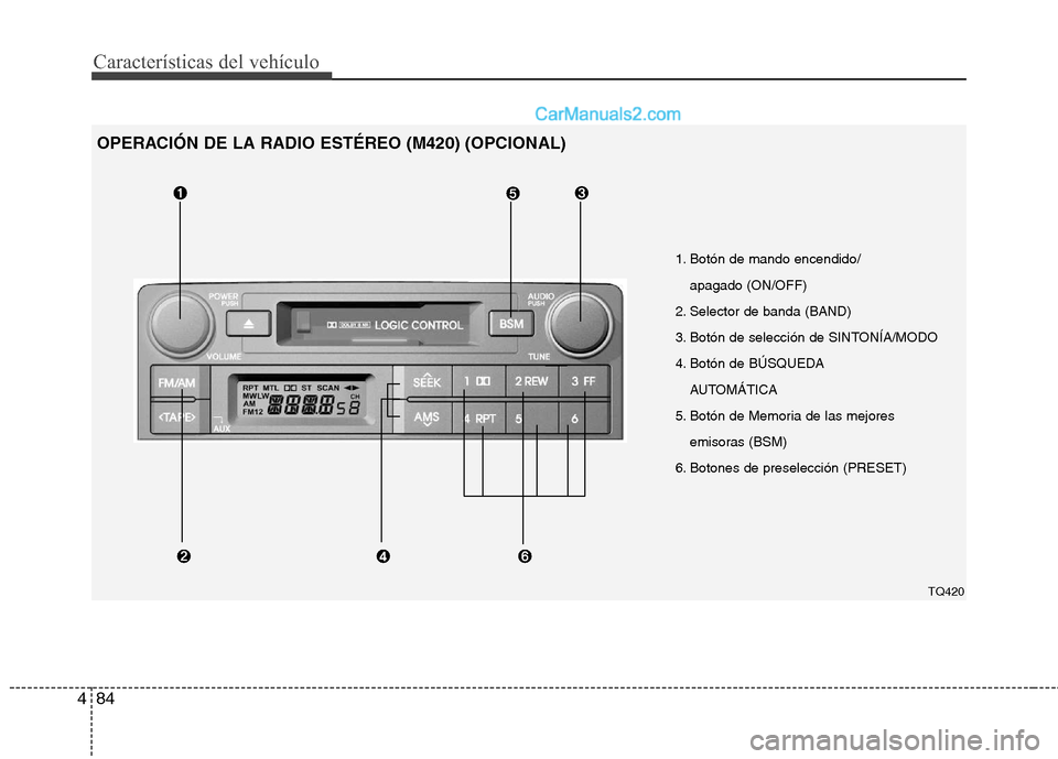 Hyundai H-1 (Grand Starex) 2010  Manual del propietario (in Spanish) Características del vehículo
84
4
1. Botón de mando encendido/
apagado (ON/OFF)
2. Selector de banda (BAND) 
3. Botón de selección de SINTONÍA/MODO
4. Botón de BÚSQUEDA  AUTOMÁTICA
5. Botón 