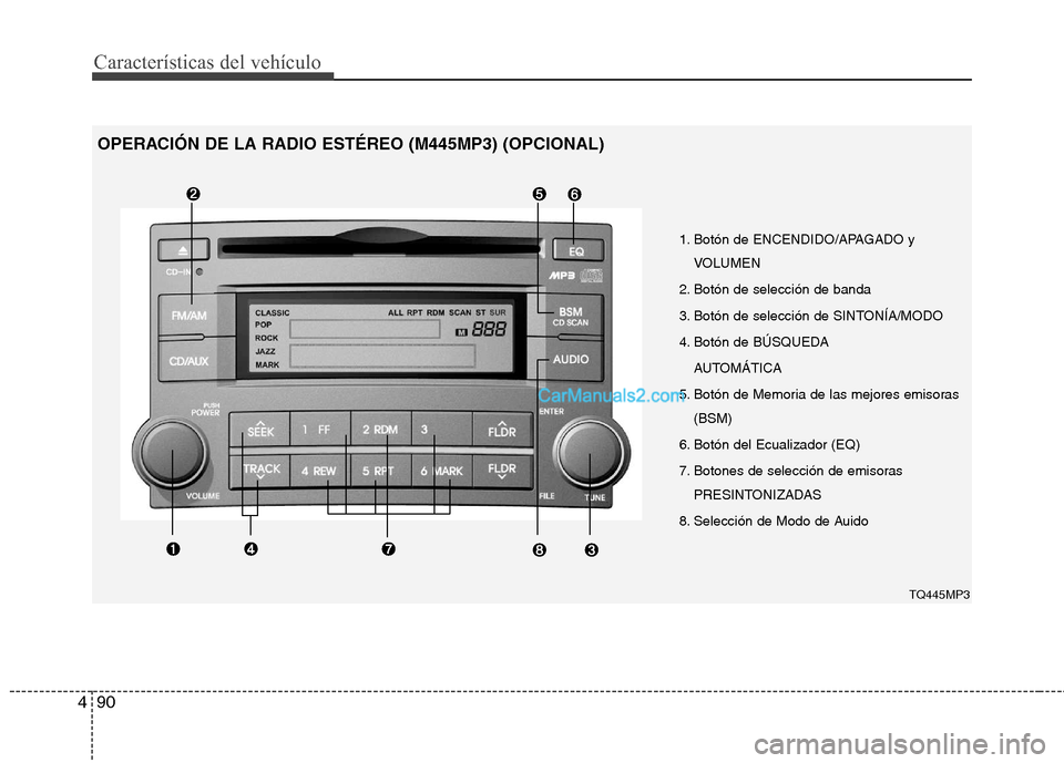 Hyundai H-1 (Grand Starex) 2010  Manual del propietario (in Spanish) Características del vehículo
90
4
1. Botón de ENCENDIDO/APAGADO y
VOLUMEN
2. Botón de selección de banda  
3. Botón de selección de SINTONÍA/MODO
4. Botón de BÚSQUEDA  AUTOMÁTICA
5. Botón 