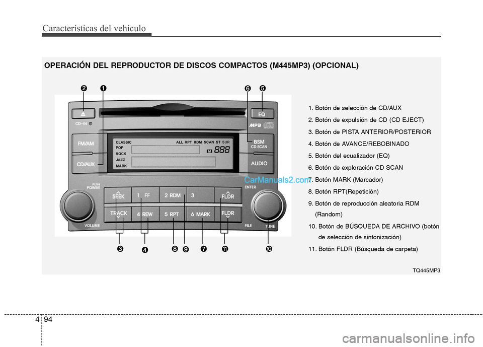 Hyundai H-1 (Grand Starex) 2010  Manual del propietario (in Spanish) Características del vehículo
94
4
1. Botón de selección de CD/AUX 
2. Botón de expulsión de CD (CD EJECT)
3. Botón de PISTA ANTERIOR/POSTERIOR
4. Botón de AVANCE/REBOBINADO
5. Botón del ecual