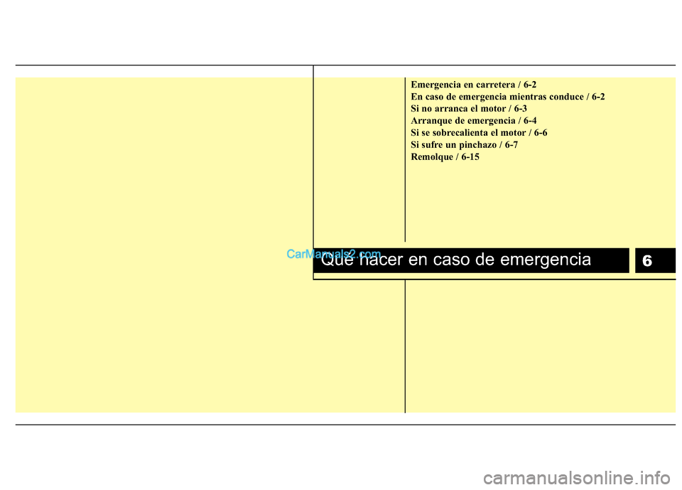 Hyundai H-1 (Grand Starex) 2010  Manual del propietario (in Spanish) 6
Emergencia en carretera / 6-2 
En caso de emergencia mientras conduce / 6-2
Si no arranca el motor / 6-3
Arranque de emergencia / 6-4
Si se sobrecalienta el motor / 6-6
Si sufre un pinchazo / 6-7
Re