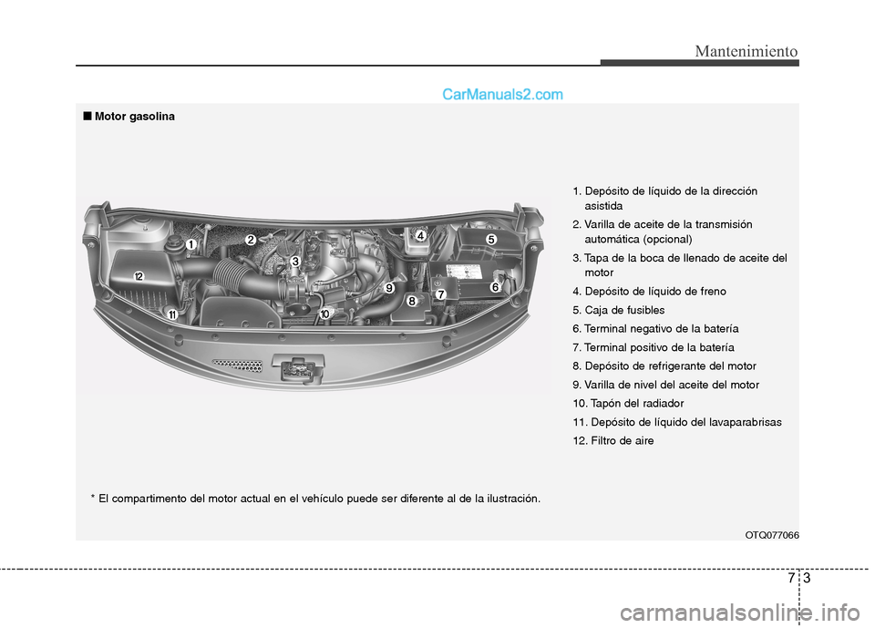 Hyundai H-1 (Grand Starex) 2010  Manual del propietario (in Spanish) 73
Mantenimiento
OTQ077066
1. Depósito de líquido de la dirección
asistida
2. Varilla de aceite de la transmisión automática (opcional)
3. Tapa de la boca de llenado de aceite del motor
4. Depós