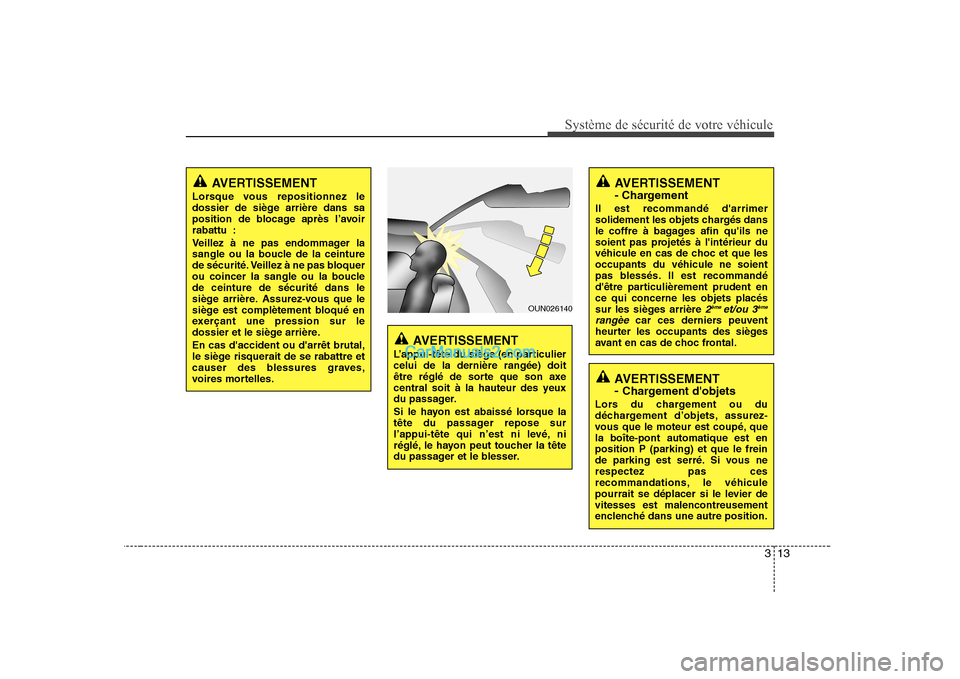 Hyundai H-1 (Grand Starex) 2010  Manuel du propriétaire (in French) 313
Système de sécurité de votre véhicule 
AVERTISSEMENT  - Chargement dobjets
Lors du chargement ou du 
déchargement d’objets, assurez-
vous que le moteur est coupé, quela boîte-pont automa