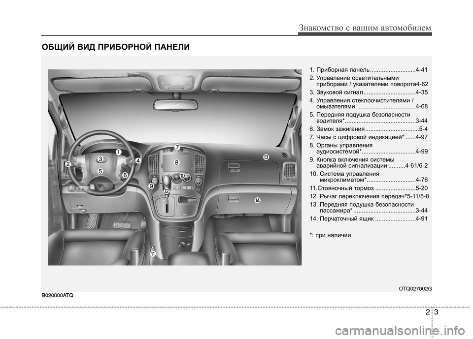 Hyundai H-1 (Grand Starex) 2010 Инструкция по эксплуатации (in Russian) ОБЩИЙ ВИД ПРИБОРНОЙ ПАНЕЛИ
23
Знакомство с вашим автомобилем
B020000ATQ
1. Приборная панель ...........................4-41
2. Упр Hyundai H-1 (Grand Starex) 2010 Инструкция по эксплуатации (in Russian) ОБЩИЙ ВИД ПРИБОРНОЙ ПАНЕЛИ
23
Знакомство с вашим автомобилем
B020000ATQ
1. Приборная панель ...........................4-41
2. Упр