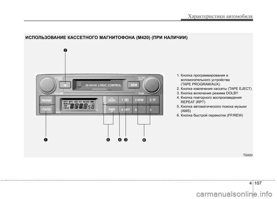 Hyundai H-1 (Grand Starex) 2010  Инструкция по эксплуатации (in Russian) 4107
Характеристики автомобиля
1. Кнопка программирования ивспомогательного устройства  
(TAPE PROGRAM/AUX)
2. Кнопка и