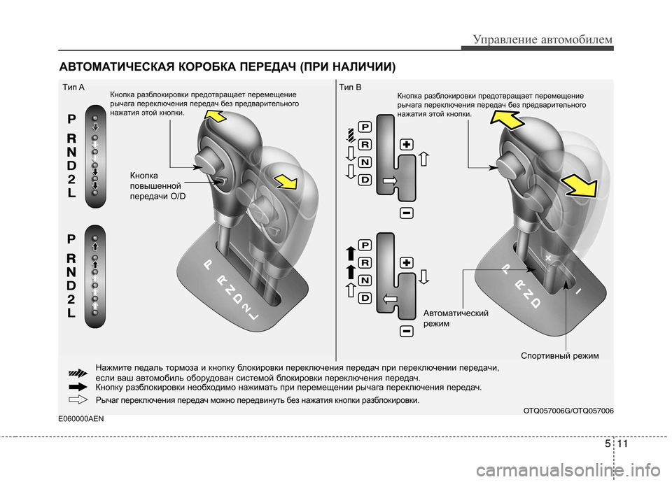 Hyundai H-1 (Grand Starex) 2010  Инструкция по эксплуатации (in Russian) 511
Управление автомобилем
E060000AENАВТОМАТИЧЕСКАЯ КОРОБКА ПЕРЕДАЧ (ПРИ НАЛИЧИИ)
Кнопка 
повышенной
передачи O/D
Tи