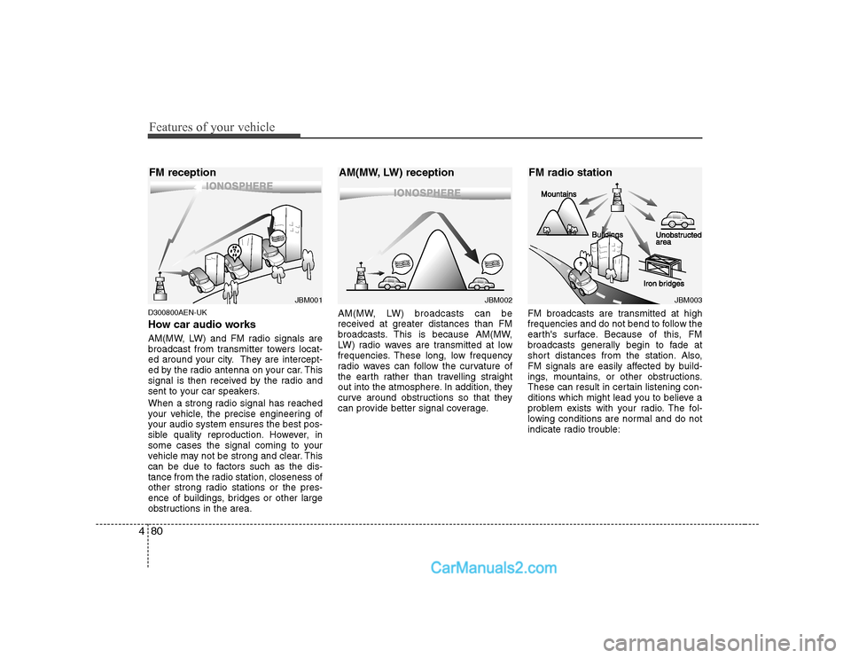 Hyundai H-1 (Grand Starex) 2009 Owners Manual - RHD (UK, Australia) Features of your vehicle
80
4
D300800AEN-UK
How car audio works
AM(MW, LW) and FM radio signals are
broadcast from transmitter towers locat-
ed around your city. They are intercept-
ed by the radio Hyundai H-1 (Grand Starex) 2009 Owners Manual - RHD (UK, Australia) Features of your vehicle
80
4
D300800AEN-UK
How car audio works
AM(MW, LW) and FM radio signals are
broadcast from transmitter towers locat-
ed around your city. They are intercept-
ed by the radio