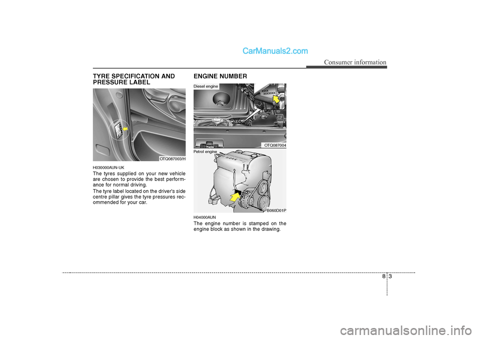 Hyundai H-1 (Grand Starex) 2009  Owners Manual - RHD (UK, Australia) 83
Consumer information
TYRE SPECIFICATION AND PRESSURE LABEL 
H030000AUN-UK 
The tyres supplied on your new vehicle 
are chosen to provide the best perform-
ance for normal driving. 
The tyre label l