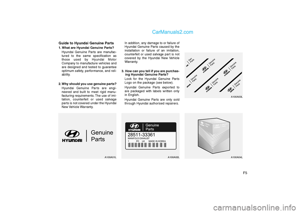 Hyundai H-1 (Grand Starex) 2009 Owners Manual - RHD (UK, Australia) F5
Guide to Hyundai Genuine Parts
1. What are Hyundai Genuine Parts?
Hyundai Genuine Parts are manufac- tured to the same specification as
those used by Hyundai Motor
Company to manufacture vehicles Hyundai H-1 (Grand Starex) 2009 Owners Manual - RHD (UK, Australia) F5
Guide to Hyundai Genuine Parts
1. What are Hyundai Genuine Parts?
Hyundai Genuine Parts are manufac- tured to the same specification as
those used by Hyundai Motor
Company to manufacture vehicles