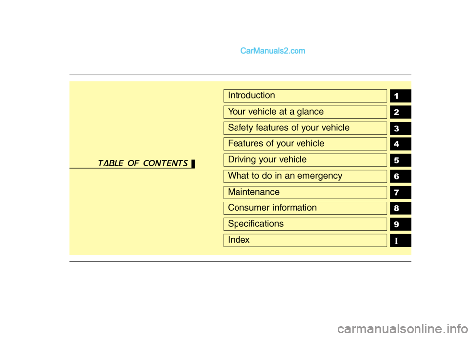 Hyundai H-1 (Grand Starex) 2009  Owners Manual - RHD (UK, Australia) 1 2 3 4 5 6 789Introduction
Your vehicle at a glance
Safety features of your vehicle
Features of your vehicle
Driving your vehicle
What to do in an emergency
Maintenance
Consumer information
Specifica