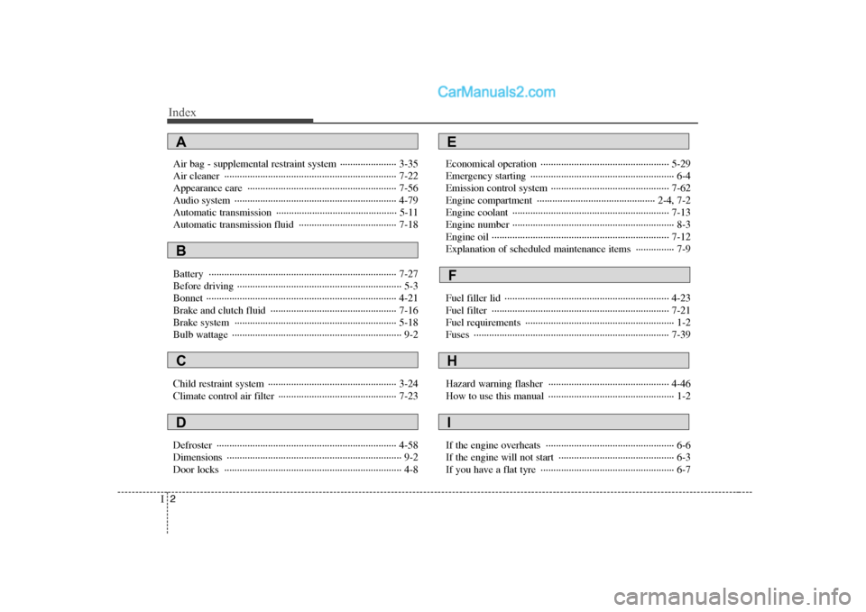 Hyundai H-1 (Grand Starex) 2009  Owners Manual - RHD (UK, Australia) Index
2
I
Air bag - supplemental restraint system  ······················ 3-35 
Air cleaner  ··········································